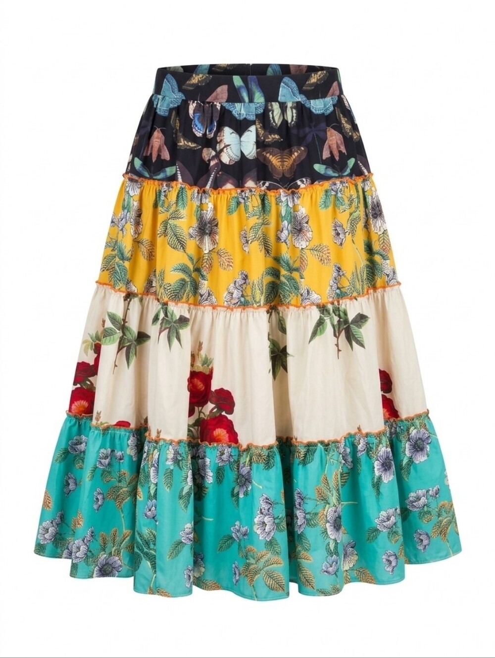 566 Fashion Nova Tiered Patchwork Maxi Skirt Butterfly Floral Size Large